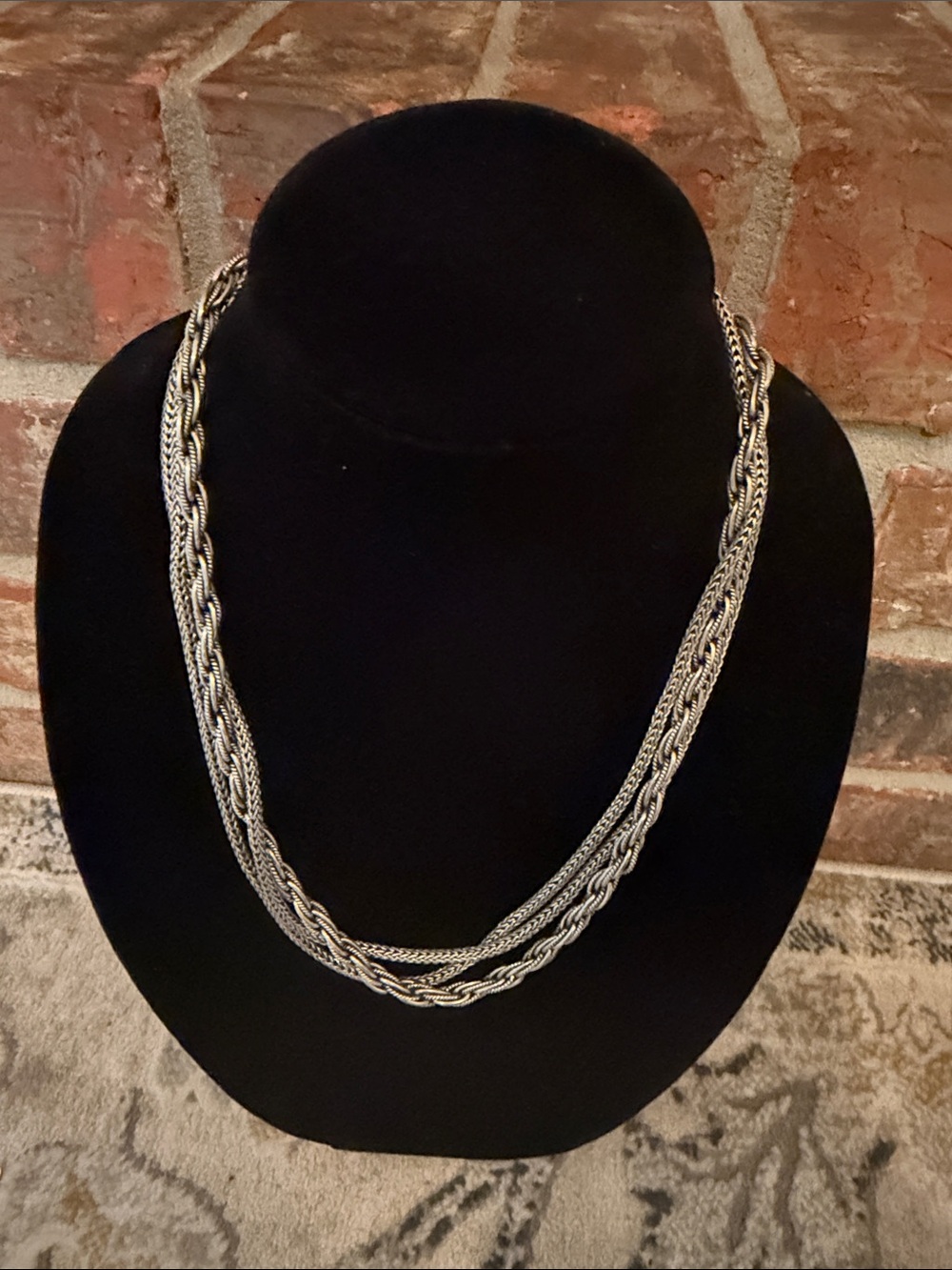 Silver Tone Multi Strand Chain Necklace Braided Rope Toggle Clasp